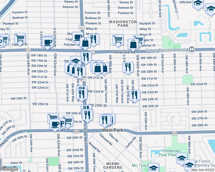 map of restaurants, bars, coffee shops, grocery stores, and more near 2203 Southwest 58th Terrace in West Park
