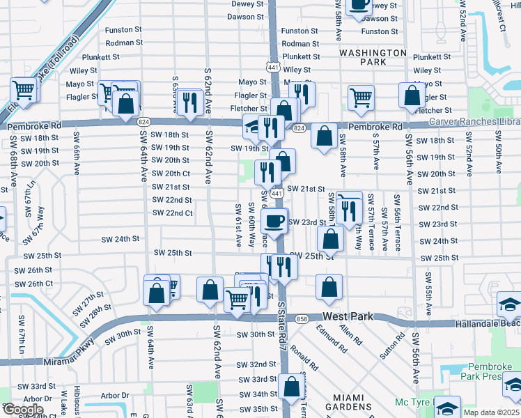 map of restaurants, bars, coffee shops, grocery stores, and more near 2126 Southwest 60th Terrace in Miramar