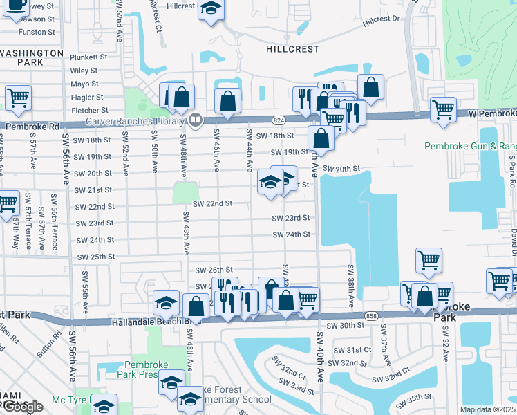 map of restaurants, bars, coffee shops, grocery stores, and more near 2205 Southwest 44th Avenue in West Park