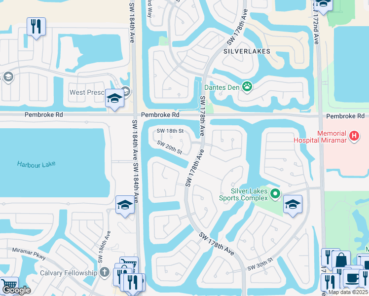 map of restaurants, bars, coffee shops, grocery stores, and more near 1933 Southwest 180th Terrace in Miramar