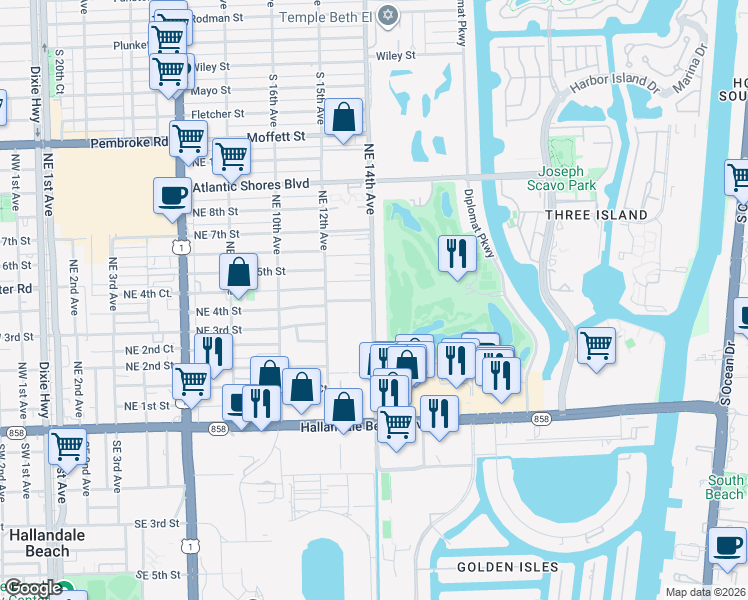 map of restaurants, bars, coffee shops, grocery stores, and more near 400 Northeast 4th Street in Hallandale Beach