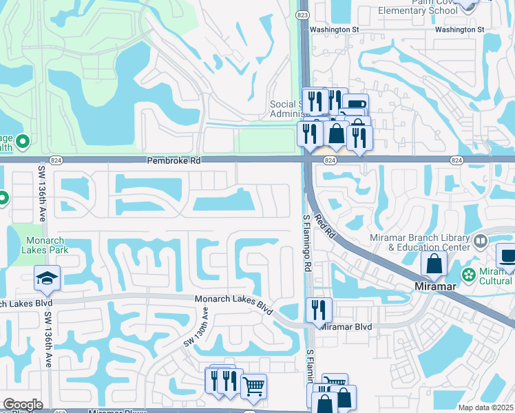 map of restaurants, bars, coffee shops, grocery stores, and more near 1920 Southwest 126th Avenue in Miramar