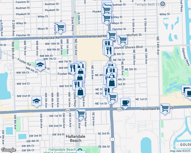 map of restaurants, bars, coffee shops, grocery stores, and more near 308 Northeast 4th Court in Hallandale Beach