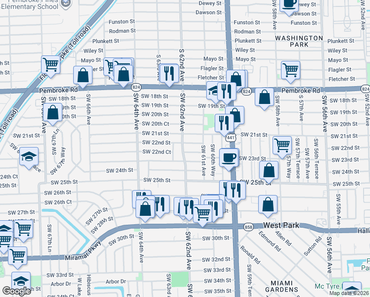 map of restaurants, bars, coffee shops, grocery stores, and more near 2215 Southwest 62nd Avenue in Miramar
