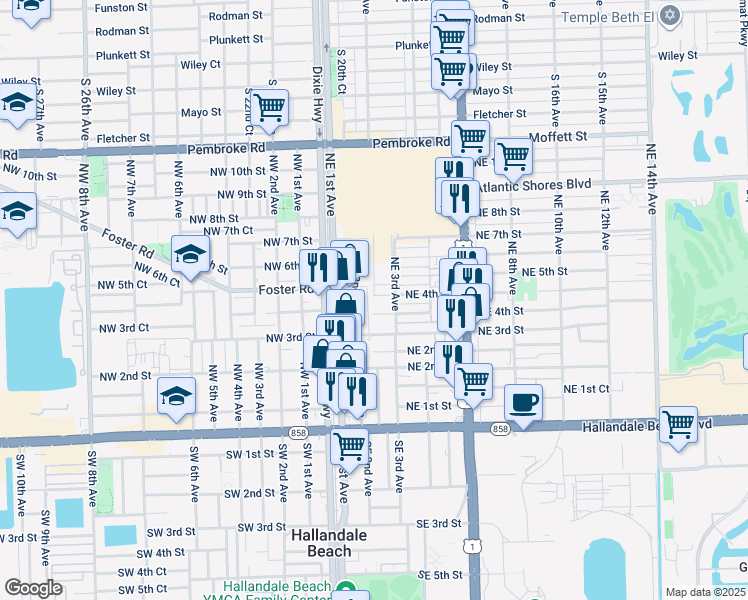 map of restaurants, bars, coffee shops, grocery stores, and more near 214 Northeast 4th Court in Hallandale Beach