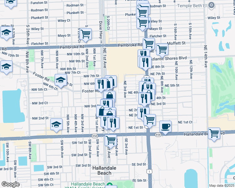 map of restaurants, bars, coffee shops, grocery stores, and more near 214 Northeast 4th Court in Hallandale Beach