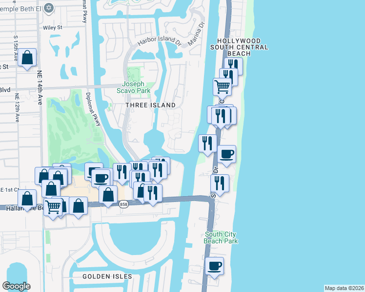 map of restaurants, bars, coffee shops, grocery stores, and more near 919 Leslie Drive in Hallandale Beach
