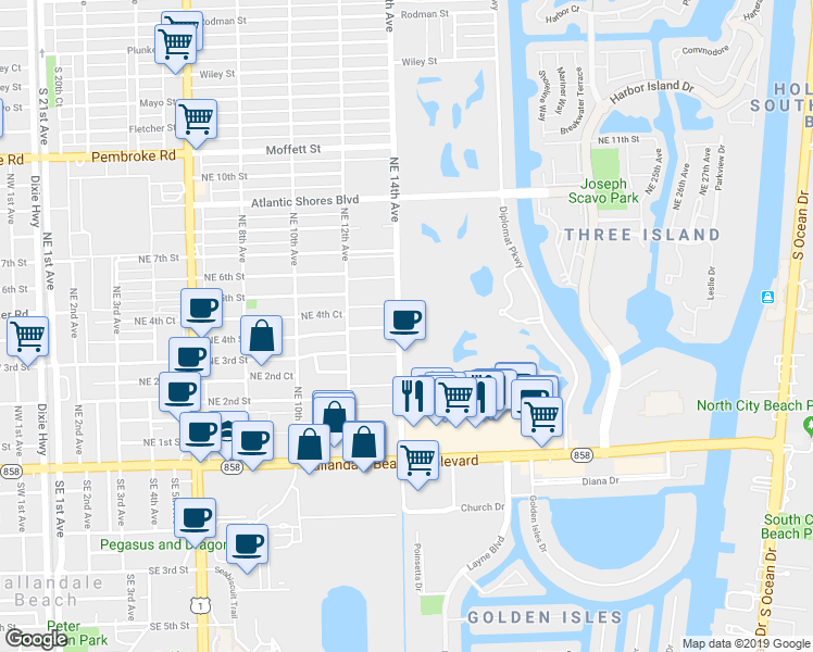 map of restaurants, bars, coffee shops, grocery stores, and more near 400 Northeast 4th Street in Hallandale Beach