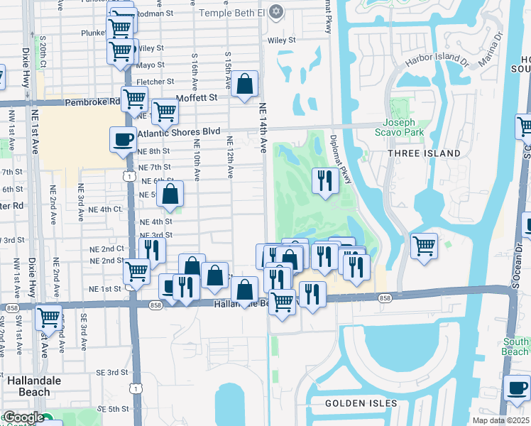 map of restaurants, bars, coffee shops, grocery stores, and more near 400 Northeast 4th Street in Hallandale Beach