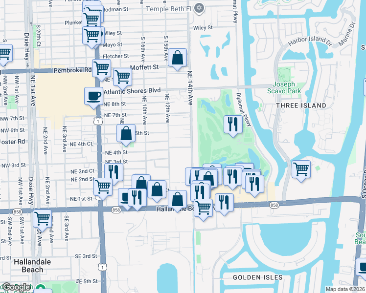 map of restaurants, bars, coffee shops, grocery stores, and more near 400 Northeast 4th Street in Hallandale Beach