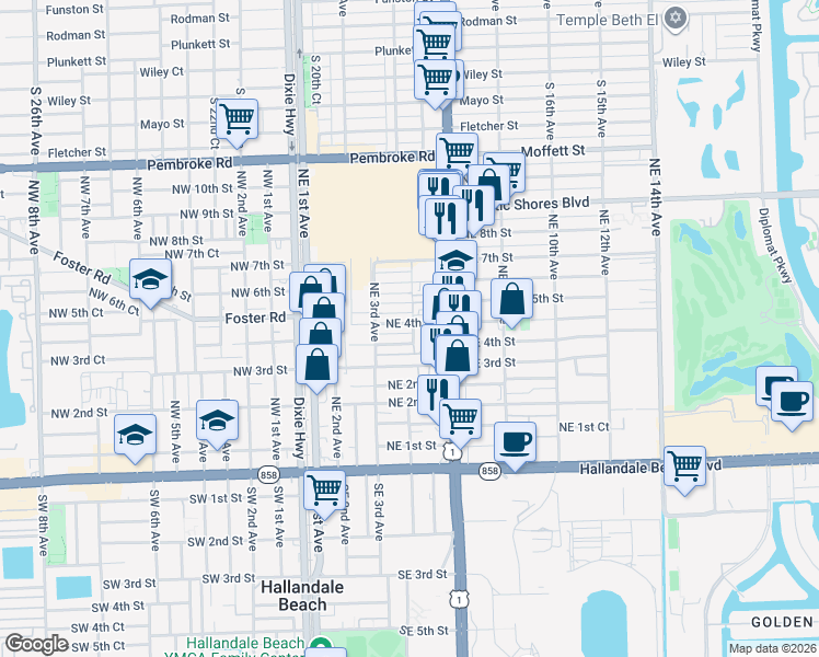 map of restaurants, bars, coffee shops, grocery stores, and more near 413 Northeast 4th Court in Hallandale Beach