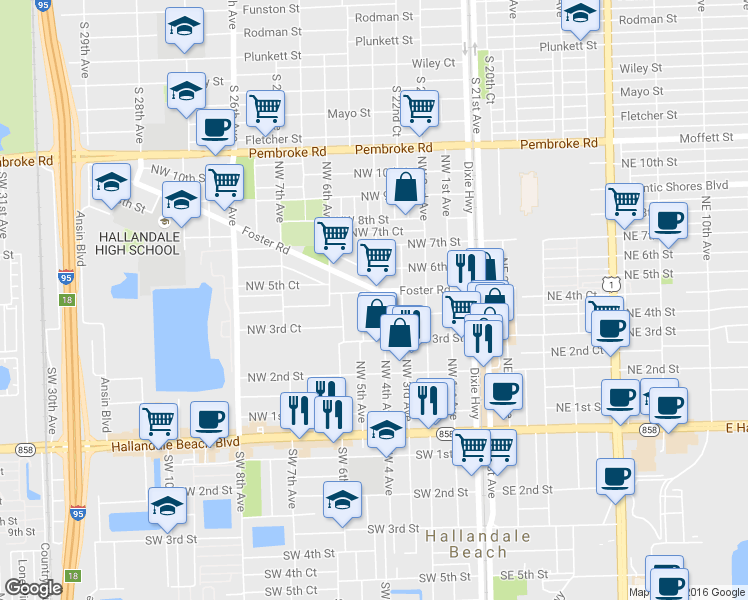 map of restaurants, bars, coffee shops, grocery stores, and more near 412 Northwest 4th Avenue in Hallandale Beach