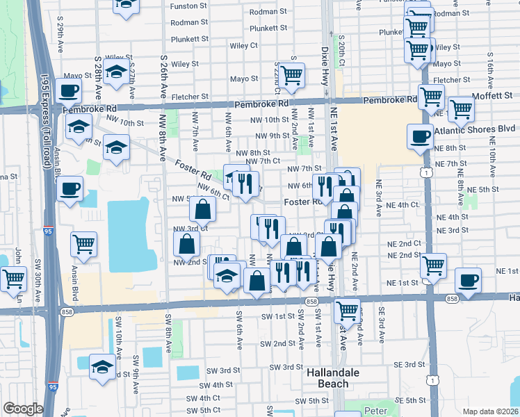 map of restaurants, bars, coffee shops, grocery stores, and more near 412 Northwest 4th Avenue in Hallandale Beach