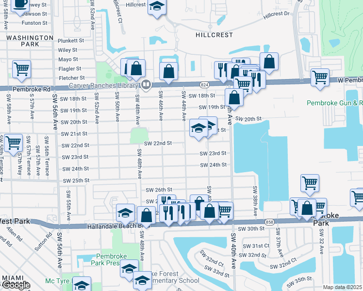 map of restaurants, bars, coffee shops, grocery stores, and more near 2205 Southwest 44th Avenue in West Park