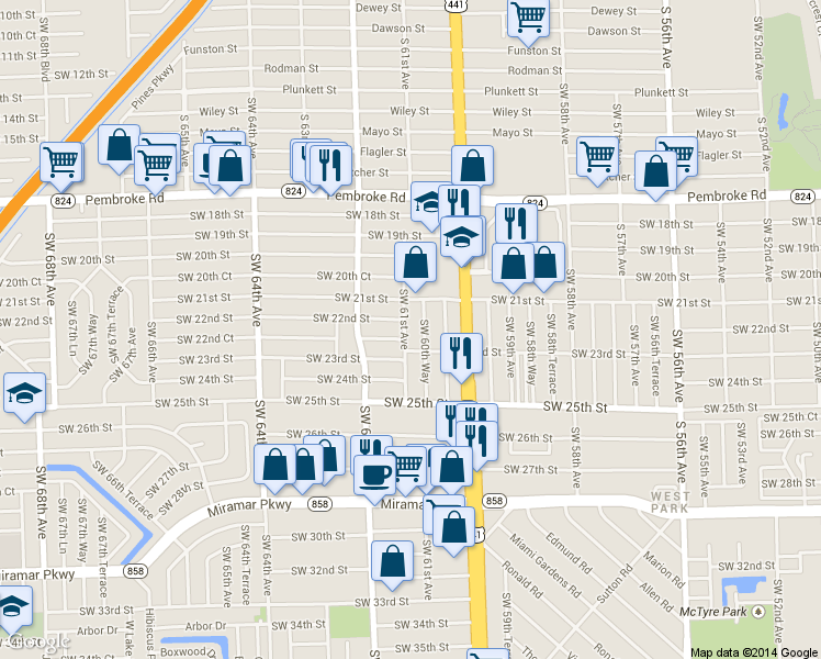 map of restaurants, bars, coffee shops, grocery stores, and more near 6101 Southwest 22nd Court in Miramar