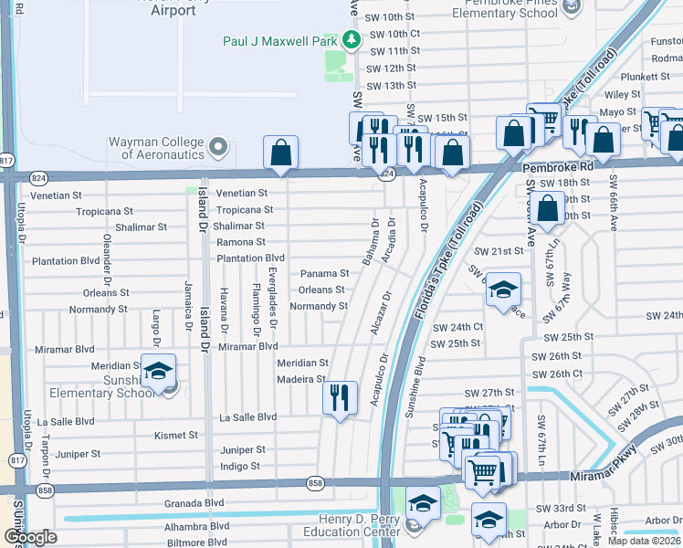 map of restaurants, bars, coffee shops, grocery stores, and more near 7224 Panama Street in Miramar