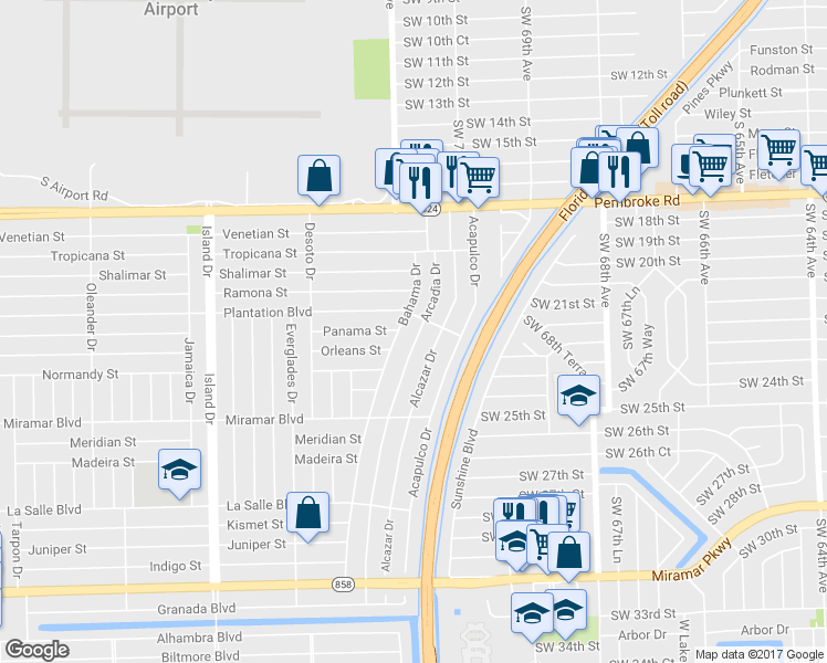 map of restaurants, bars, coffee shops, grocery stores, and more near 2130 Arcadia Drive in Miramar