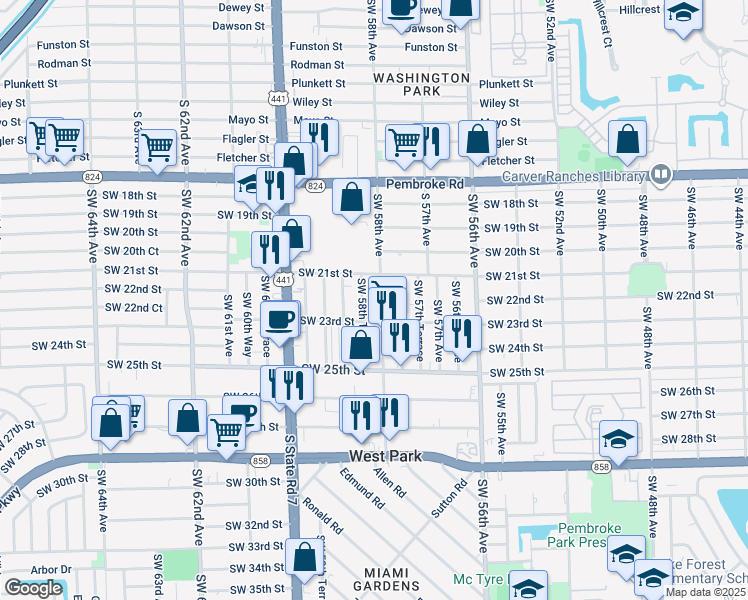 map of restaurants, bars, coffee shops, grocery stores, and more near 2203 Southwest 58th Terrace in West Park