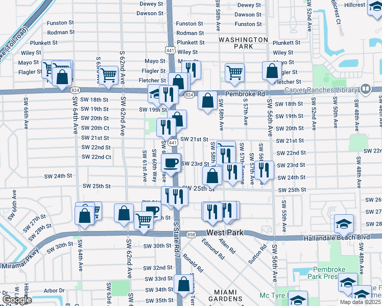 map of restaurants, bars, coffee shops, grocery stores, and more near 2211 Southwest 59th Avenue in West Park