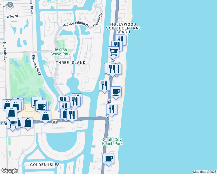 map of restaurants, bars, coffee shops, grocery stores, and more near 3724 South Ocean Drive in Hollywood