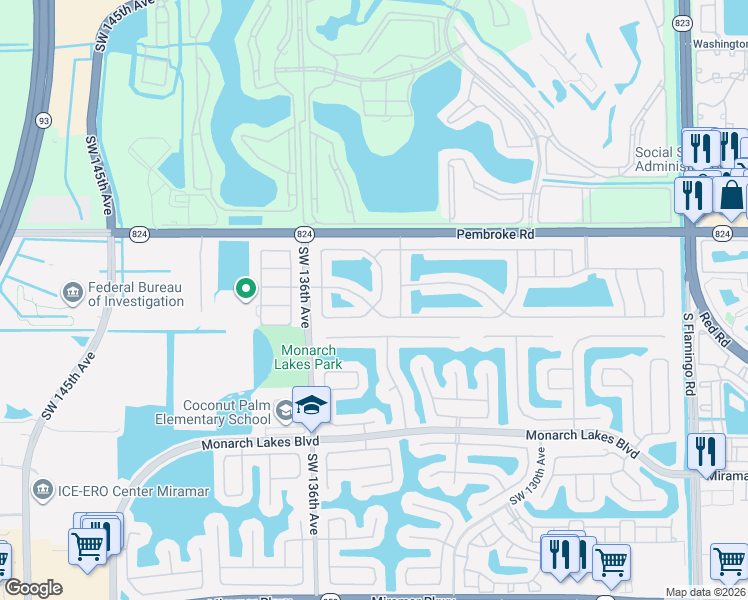 map of restaurants, bars, coffee shops, grocery stores, and more near 13341 Southwest 19th Street in Miramar