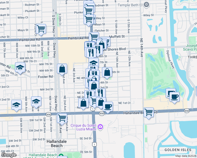 map of restaurants, bars, coffee shops, grocery stores, and more near 615 Northeast 4th Street in Hallandale Beach