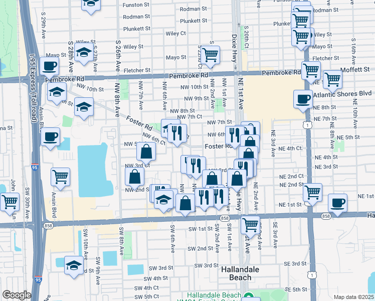 map of restaurants, bars, coffee shops, grocery stores, and more near 412 Northwest 4th Avenue in Hallandale Beach