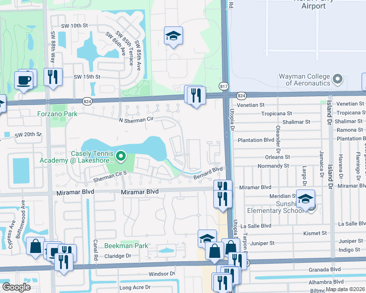 map of restaurants, bars, coffee shops, grocery stores, and more near 1800 North Sherman Circle in Miramar