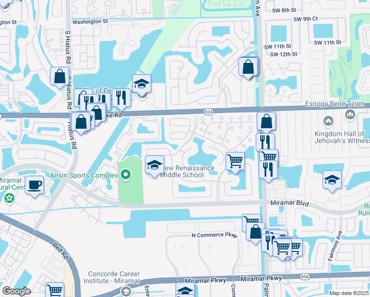 map of restaurants, bars, coffee shops, grocery stores, and more near 2030 Southwest 104th Avenue in Miramar
