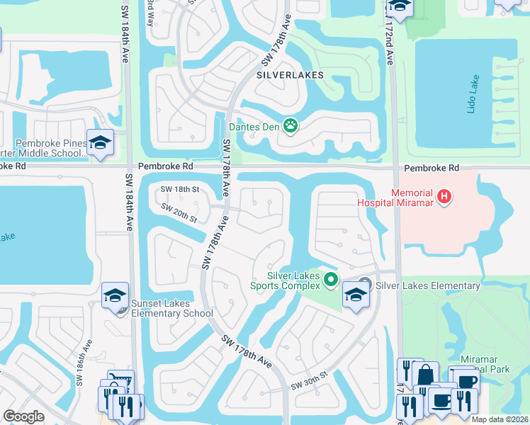 map of restaurants, bars, coffee shops, grocery stores, and more near 1874 Southwest 176th Way in Miramar