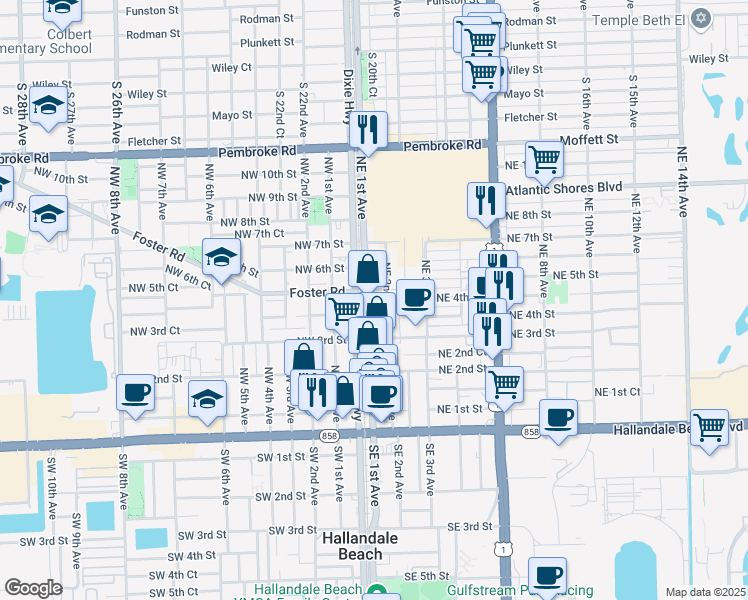 map of restaurants, bars, coffee shops, grocery stores, and more near 418 Northeast 1st Avenue in Hallandale Beach