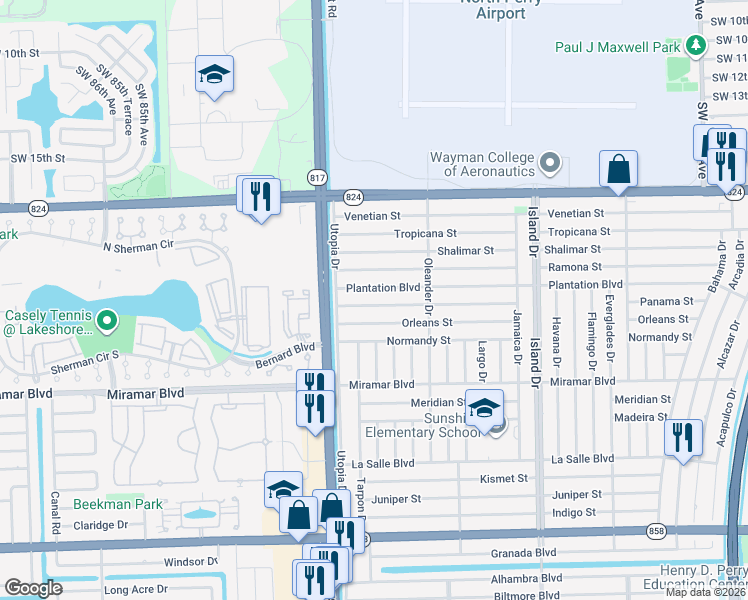 map of restaurants, bars, coffee shops, grocery stores, and more near 7949 Panama Street in Miramar