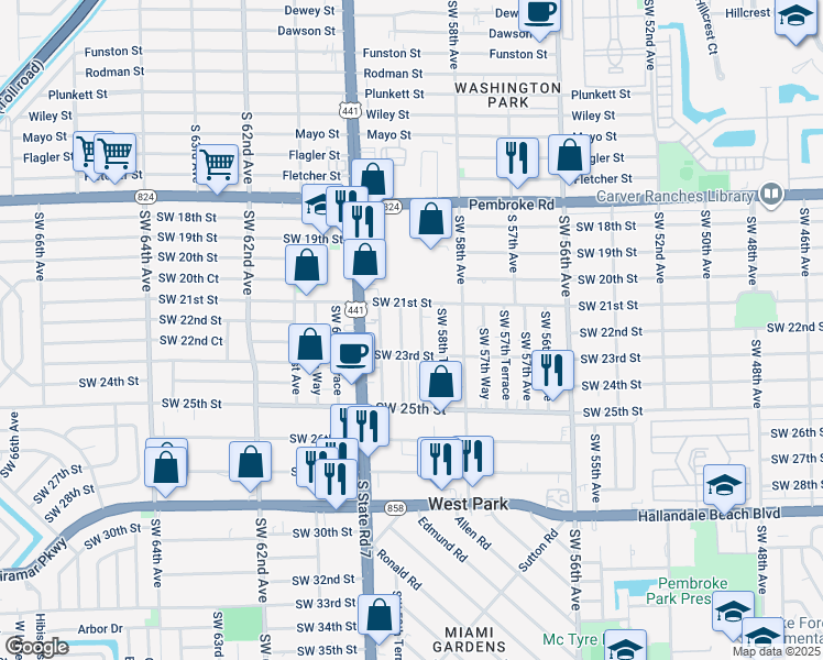 map of restaurants, bars, coffee shops, grocery stores, and more near 2211 Southwest 59th Avenue in West Park
