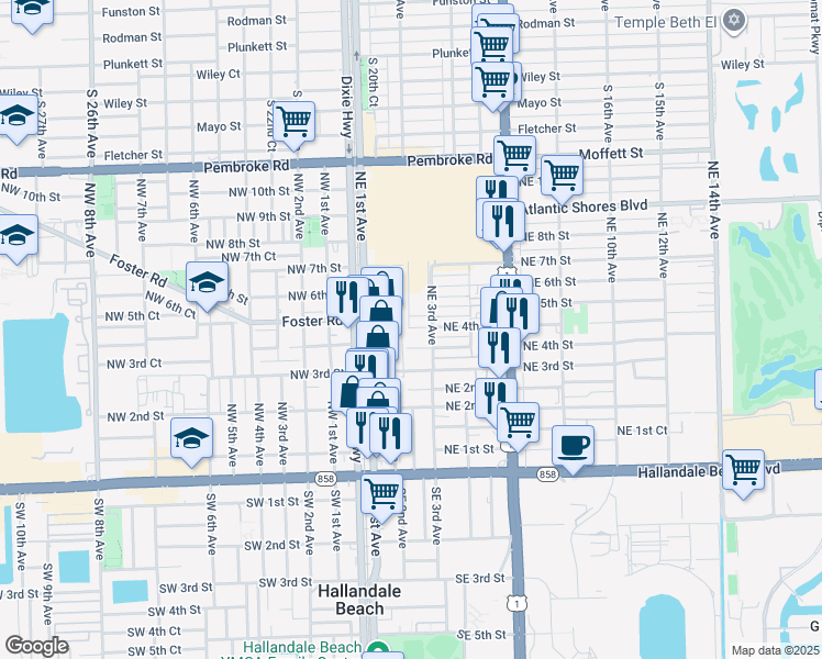 map of restaurants, bars, coffee shops, grocery stores, and more near 214 Northeast 4th Court in Hallandale Beach