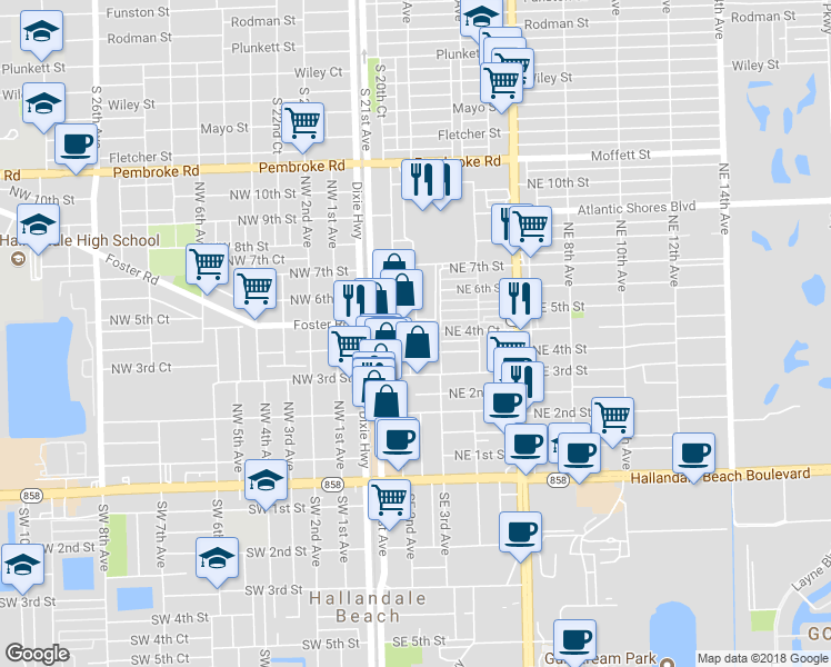 map of restaurants, bars, coffee shops, grocery stores, and more near 214 Northeast 4th Court in Hallandale Beach