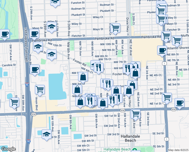 map of restaurants, bars, coffee shops, grocery stores, and more near 416 Northwest 5th Terrace in Hallandale Beach