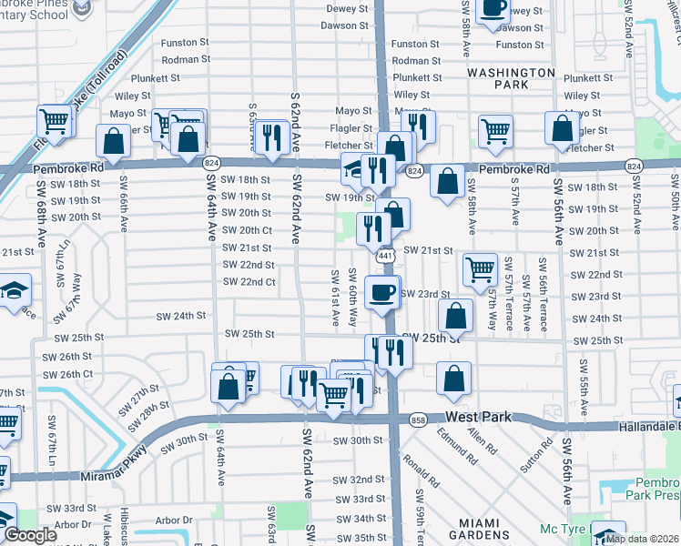 map of restaurants, bars, coffee shops, grocery stores, and more near 6101 Southwest 22nd Court in Miramar