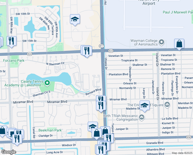 map of restaurants, bars, coffee shops, grocery stores, and more near 2201 Southwest 80th Terrace in Miramar