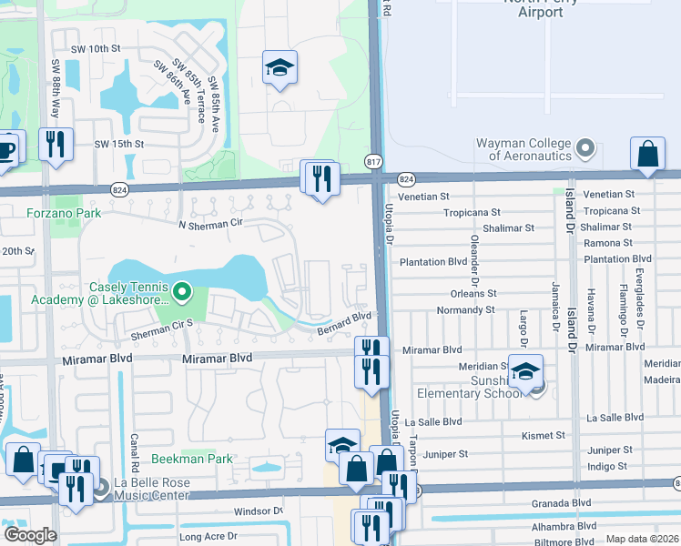 map of restaurants, bars, coffee shops, grocery stores, and more near 256 Sherman Circle Driveway in Miramar