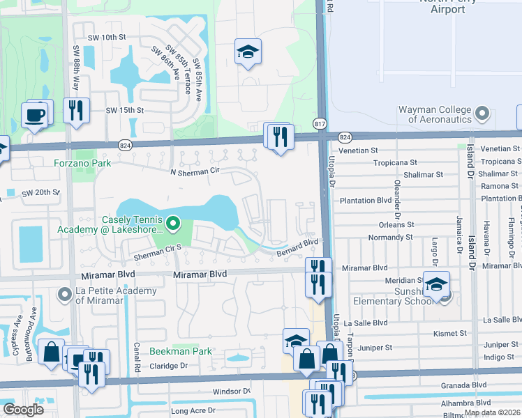 map of restaurants, bars, coffee shops, grocery stores, and more near 2200 Sherman Circle North in Miramar