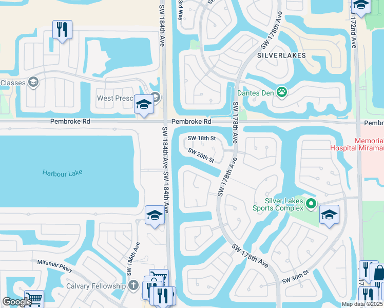 map of restaurants, bars, coffee shops, grocery stores, and more near 18104 Southwest 20th Street in Miramar