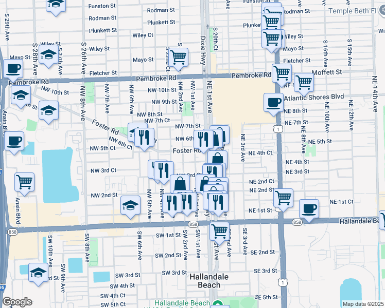 map of restaurants, bars, coffee shops, grocery stores, and more near 111 Foster Road in Hallandale Beach