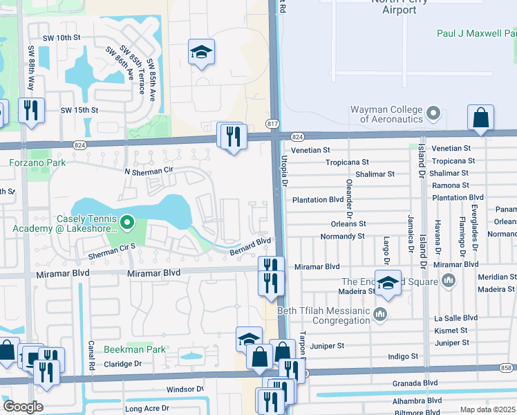 map of restaurants, bars, coffee shops, grocery stores, and more near 2201 Southwest 80th Terrace in Miramar