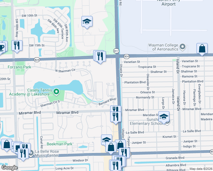 map of restaurants, bars, coffee shops, grocery stores, and more near 256 Sherman Circle Driveway in Miramar