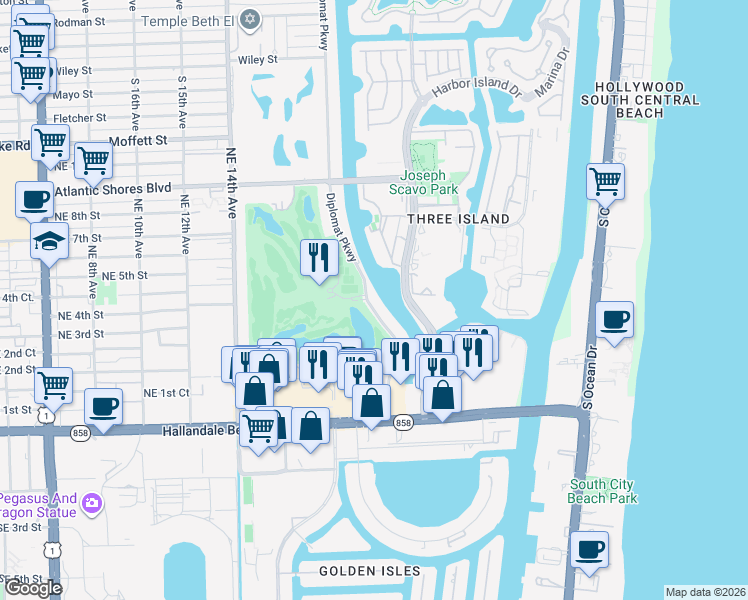 map of restaurants, bars, coffee shops, grocery stores, and more near 400 Diplomat Parkway in Hallandale Beach