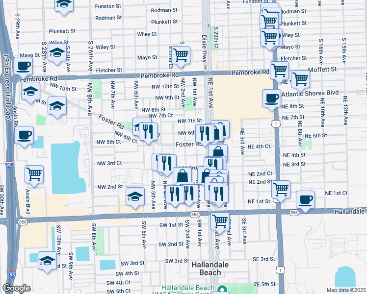 map of restaurants, bars, coffee shops, grocery stores, and more near 413 Northwest 2nd Avenue in Hallandale Beach