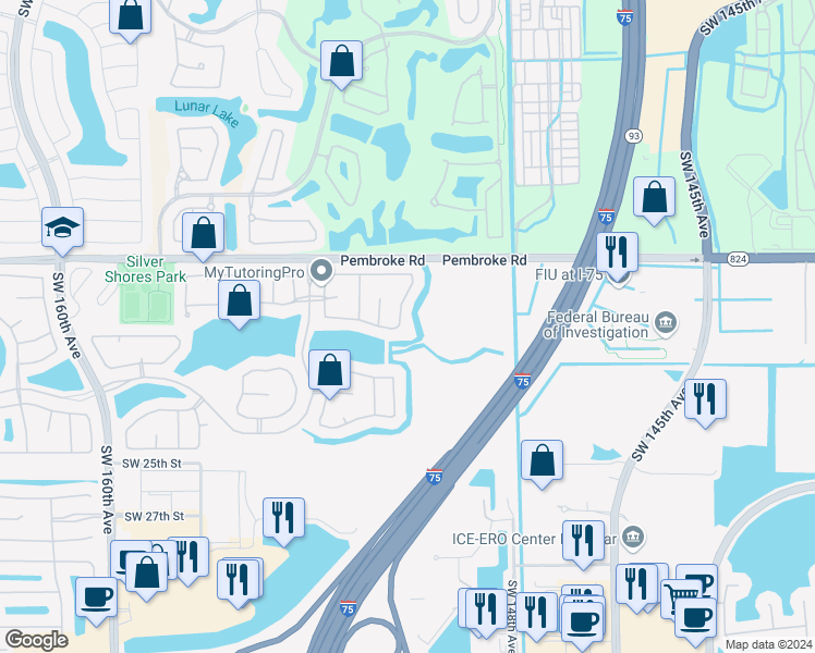 map of restaurants, bars, coffee shops, grocery stores, and more near 1981 Southwest 148th Way in Miramar