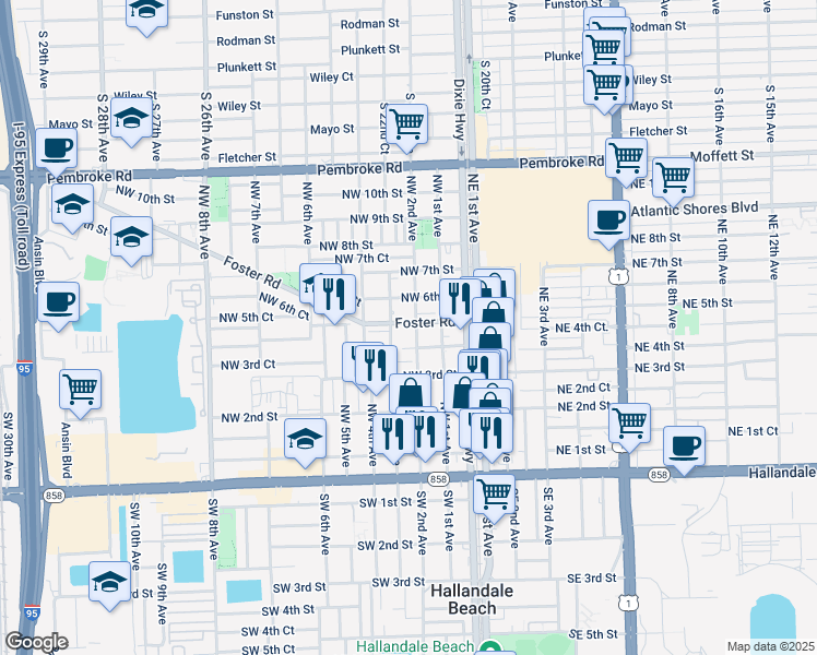 map of restaurants, bars, coffee shops, grocery stores, and more near 413 Northwest 2nd Avenue in Hallandale Beach