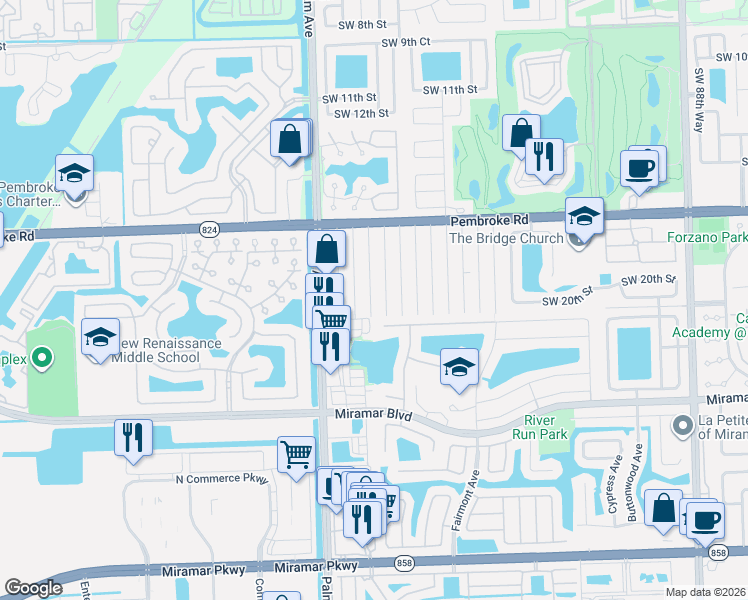 map of restaurants, bars, coffee shops, grocery stores, and more near 2006 Southwest 99th Terrace in Miramar
