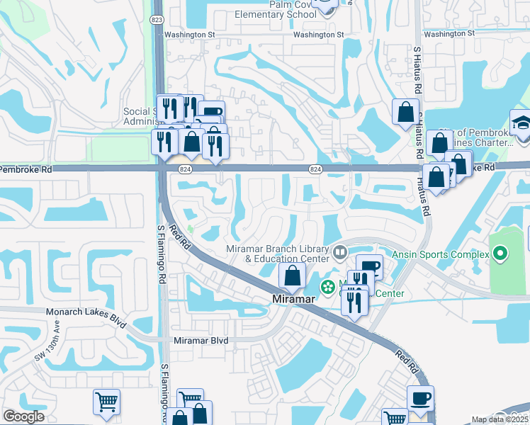 map of restaurants, bars, coffee shops, grocery stores, and more near 2016 Southwest 120th Avenue in Miramar